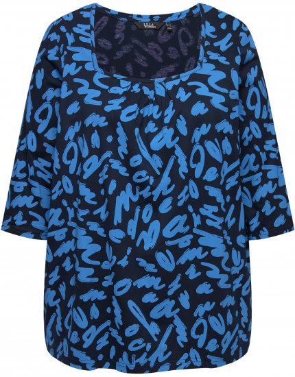 Ulla Popken Scribble Print Square Neck 3/4 Sleeve Tee Navy - Τυπωμένα T-shirts για γυναίκες - 