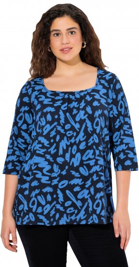 Ulla Popken Scribble Print Square Neck 3/4 Sleeve Tee Navy - Τυπωμένα T-shirts για γυναίκες - 