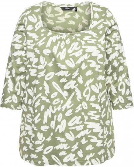 Ulla Popken Scribble Print Square Neck 3/4 Sleeve Tee Sage Green - Τυπωμένα T-shirts για γυναίκες - 