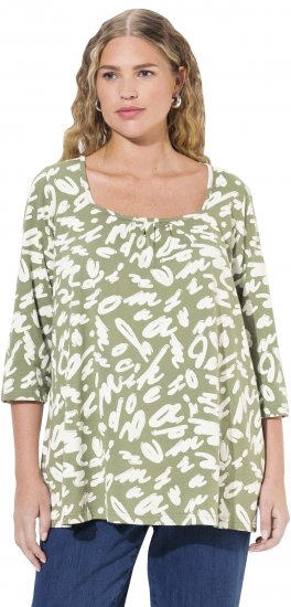 Ulla Popken Scribble Print Square Neck 3/4 Sleeve Tee Sage Green - Τυπωμένα T-shirts για γυναίκες - 