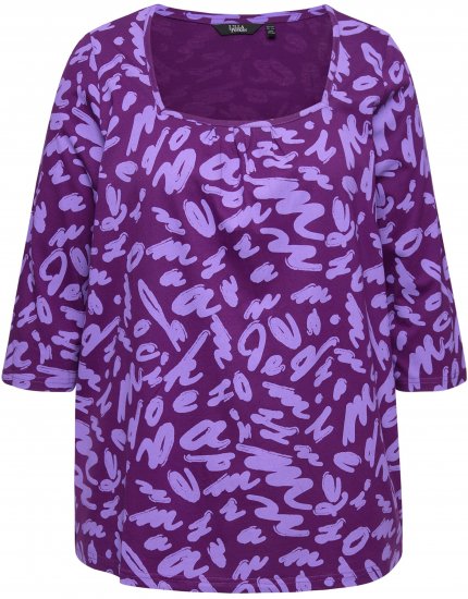 Ulla Popken Scribble Print Square Neck 3/4 Sleeve Tee Violet - Τυπωμένα T-shirts για γυναίκες - 