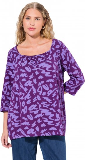 Ulla Popken Scribble Print Square Neck 3/4 Sleeve Tee Violet - Τυπωμένα T-shirts για γυναίκες - 