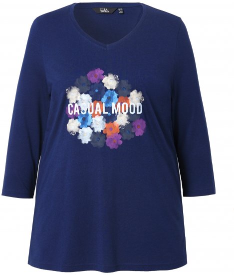 Ulla Popken Casual Mood Floral V-Neck Tee Navy - Μπλουζάκια - 