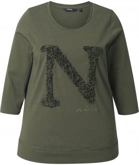 Ulla Popken Textured Lettering 3/4 Sleeve Tee Olive - Τυπωμένα T-shirts για γυναίκες - 