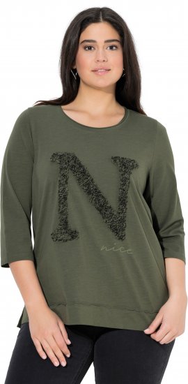 Ulla Popken Textured Lettering 3/4 Sleeve Tee Olive - Τυπωμένα T-shirts για γυναίκες - 