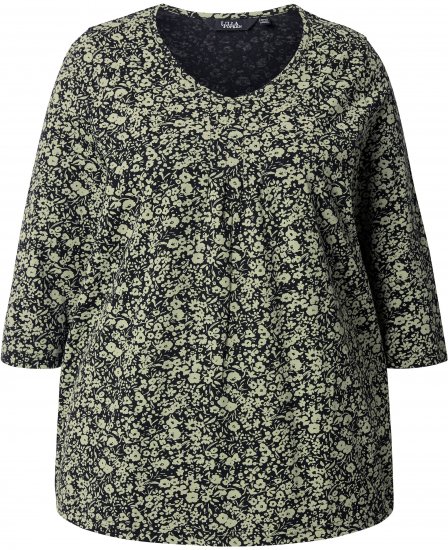 Ulla Popken Pleated Floral Print 3/4 Sleeve Tee Pond Green - Τυπωμένα T-shirts για γυναίκες - 
