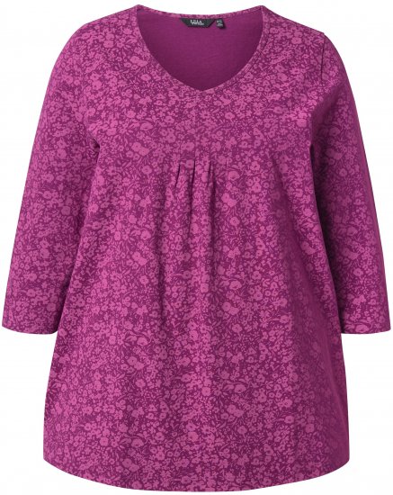 Ulla Popken Pleated Floral Print 3/4 Sleeve Tee Raspberry - Τυπωμένα T-shirts για γυναίκες - 