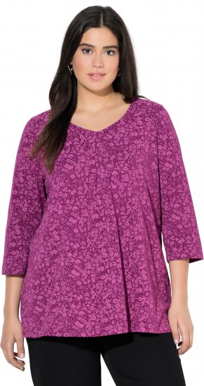 Ulla Popken Pleated Floral Print 3/4 Sleeve Tee Raspberry - Τυπωμένα T-shirts για γυναίκες - 
