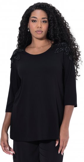 Ulla Popken Flower Epaulet 3/4 Sleeve Top Black - Τυπωμένα T-shirts για γυναίκες - 