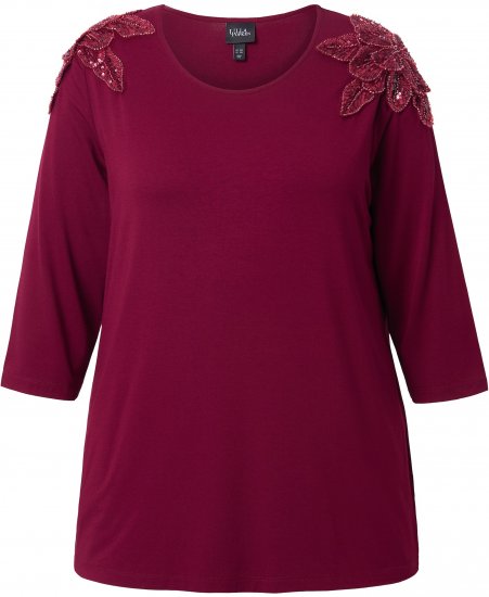 Ulla Popken Flower Epaulet 3/4 Sleeve Top Dark Cherry Red - Τυπωμένα T-shirts για γυναίκες - 