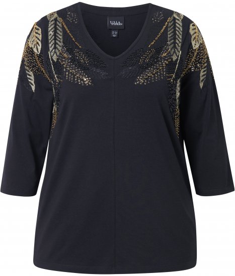 Ulla Popken Feather Beadwork 3/4 Sleeve Top Black - Τυπωμένα T-shirts για γυναίκες - 