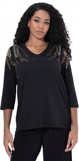 Ulla Popken Feather Beadwork 3/4 Sleeve Top Black - Τυπωμένα T-shirts για γυναίκες - 
