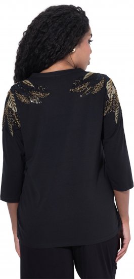 Ulla Popken Feather Beadwork 3/4 Sleeve Top Black - Τυπωμένα T-shirts για γυναίκες - 