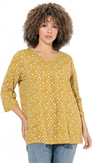 Ulla Popken Graphic Print Pleated 3/4 Sleeve Tee Mocha Brown - Μπλουζάκια - 
