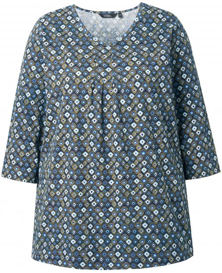 Ulla Popken Graphic Print Pleated 3/4 Sleeve Tee Atlantic Blue - Μπλουζάκια - 