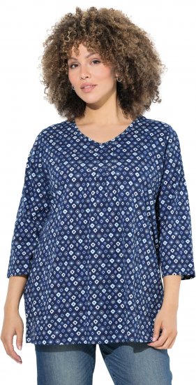 Ulla Popken Graphic Print Pleated 3/4 Sleeve Tee Blue - Μπλουζάκια - 