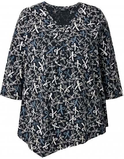 Ulla Popken Ribbon Print 3/4 Sleeve Asymmetric Tee Black - Τυπωμένα T-shirts για γυναίκες - 