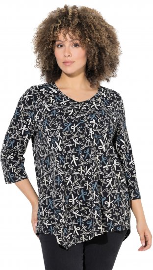 Ulla Popken Ribbon Print 3/4 Sleeve Asymmetric Tee Black - Τυπωμένα T-shirts για γυναίκες - 