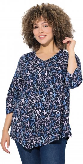 Ulla Popken Ribbon Print 3/4 Sleeve Asymmetric Tee Navy - Τυπωμένα T-shirts για γυναίκες - 