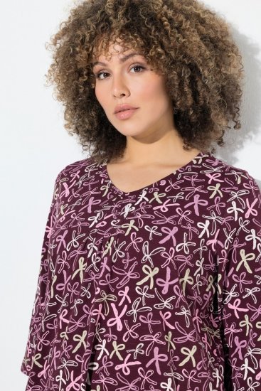 Ulla Popken Ribbon Print 3/4 Sleeve Asymmetric Tee Plum - Τυπωμένα T-shirts για γυναίκες - Γυναικεία T-shirts με Στάμπες