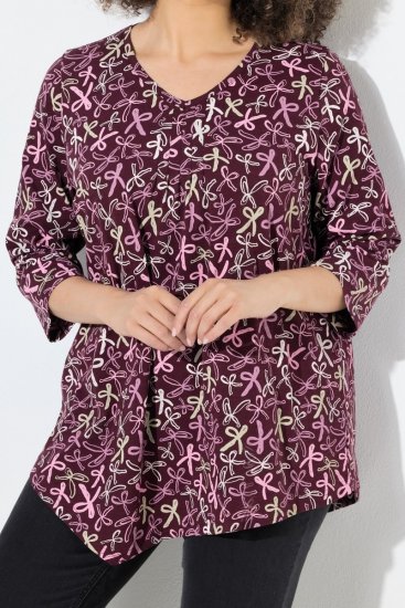 Ulla Popken Ribbon Print 3/4 Sleeve Asymmetric Tee Plum - Τυπωμένα T-shirts για γυναίκες - Γυναικεία T-shirts με Στάμπες