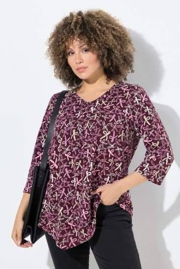 Ulla Popken Ribbon Print 3/4 Sleeve Asymmetric Tee Plum - Τυπωμένα T-shirts για γυναίκες - Γυναικεία T-shirts με Στάμπες