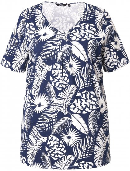 Ulla Popken Feather Print Short Sleeve V-Neck Tee Ink Blue - Τυπωμένα T-shirts για γυναίκες - 