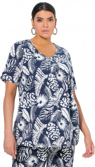 Ulla Popken Feather Print Short Sleeve V-Neck Tee Ink Blue - Τυπωμένα T-shirts για γυναίκες - 