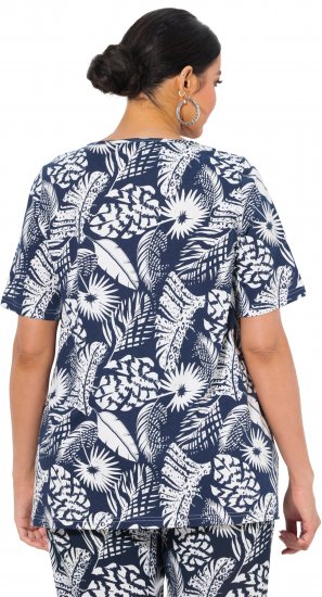Ulla Popken Feather Print Short Sleeve V-Neck Tee Ink Blue - Τυπωμένα T-shirts για γυναίκες - 