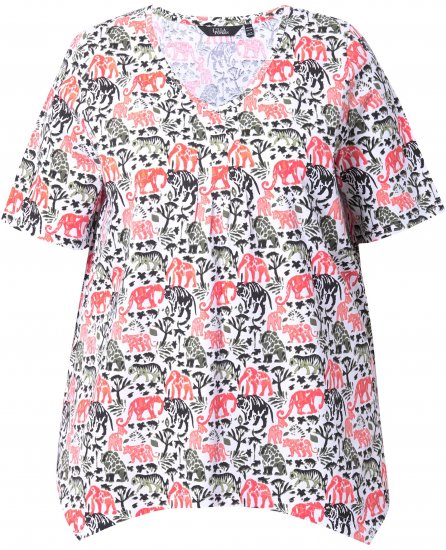 Ulla Popken Half-sleeve A-line V-neck Pointed Hem Animal Pattern T-shirt Snow White - Τυπωμένα T-shirts για γυναίκες - 