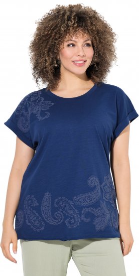 Ulla Popken Textured Paisley Motif Cap Sleeve Tee Navy - Τυπωμένα T-shirts για γυναίκες - 