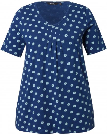 Ulla Popken Tile Print Short Sleeve Pleated Tee Dark Blue - Τυπωμένα T-shirts για γυναίκες - 