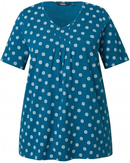 Ulla Popken Tile Print Short Sleeve Pleated Tee Teal - Τυπωμένα T-shirts για γυναίκες - 