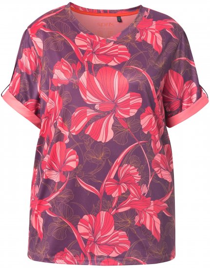 Ulla Popken Quick Drying Flower Print Short Sleeve Tee Dark Cherry - Τυπωμένα T-shirts για γυναίκες - 