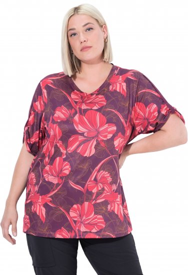 Ulla Popken Quick Drying Flower Print Short Sleeve Tee Dark Cherry - Τυπωμένα T-shirts για γυναίκες - 