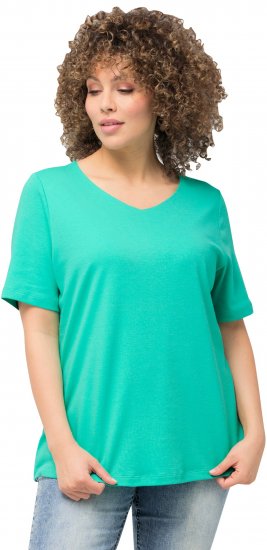 Ulla Popken Double Layer Rounded V-Neck Slim Fit Tee Turquioise Green - Μπλουζάκια - 