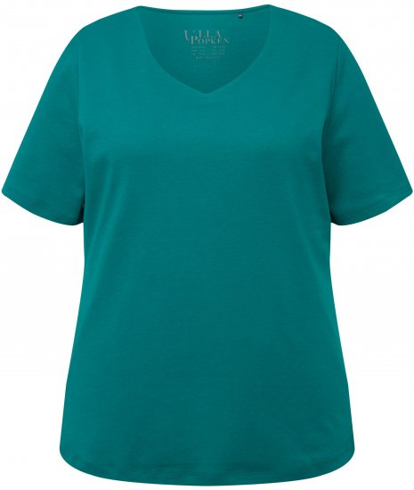 Ulla Popken Double Layer Rounded V-Neck Slim Fit Tee Dark Emerald - Μπλουζάκια - 