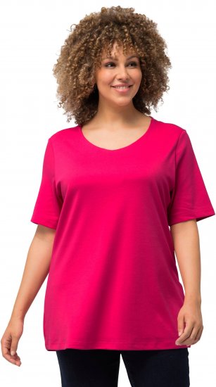 Ulla Popken Double Layer Rounded V-Neck Slim Fit Tee Magenta Pink - Μπλουζάκια - 