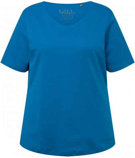 Ulla Popken Double Layer Rounded V-Neck Slim Fit Tee Medium Blue - Μπλουζάκια - 