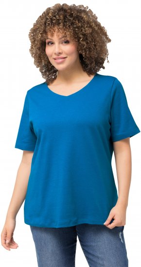 Ulla Popken Double Layer Rounded V-Neck Slim Fit Tee Medium Blue - Μπλουζάκια - 
