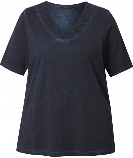 Ulla Popken Lace Trim Short Sleeve Tee Navy Blue - Μπλουζάκια - 