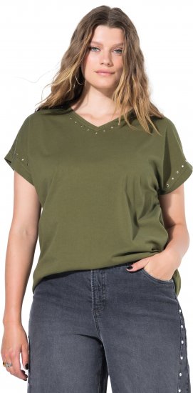 Ulla Popken Oversized studded Acid-washed V-Neck T-shirt Palm Green - Μπλουζάκια - 