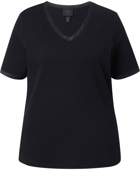 Ulla Popken Satin Trimmed Ribbed Jersey Short Sleeve T-Shirt Black - Μπλουζάκια - 