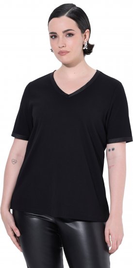 Ulla Popken Satin Trimmed Ribbed Jersey Short Sleeve T-Shirt Black - Μπλουζάκια - 