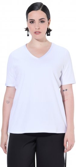 Ulla Popken Satin Trimmed Ribbed Jersey Short Sleeve T-Shirt Snow White - Μπλουζάκια - 
