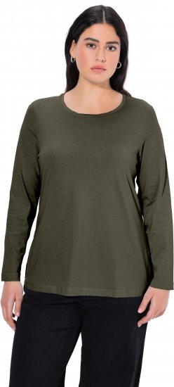 Ulla Popken Basic Round Neck Long Sleeve Slim Fit Cotton Tee Olive - Μπλουζάκια - 