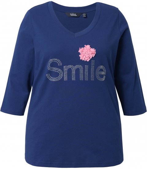 Ulla Popken Smile Rhinestone 3/4 Sleeve Graphic Tee Ink Blue - Τυπωμένα T-shirts για γυναίκες - 