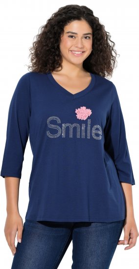 Ulla Popken Smile Rhinestone 3/4 Sleeve Graphic Tee Ink Blue - Τυπωμένα T-shirts για γυναίκες - 