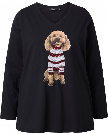 Ulla Popken Sequined Puppy Long Sleeve Graphic Tee Black - Τυπωμένα T-shirts για γυναίκες - 