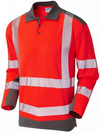 Leo Wringcliff Coolviz Plus L/S Polo Hi-Vis Red/Grey - Ρούχα εργασίας - Aνδρικά ρούχα εργασίας μεγάλα μεγέθη